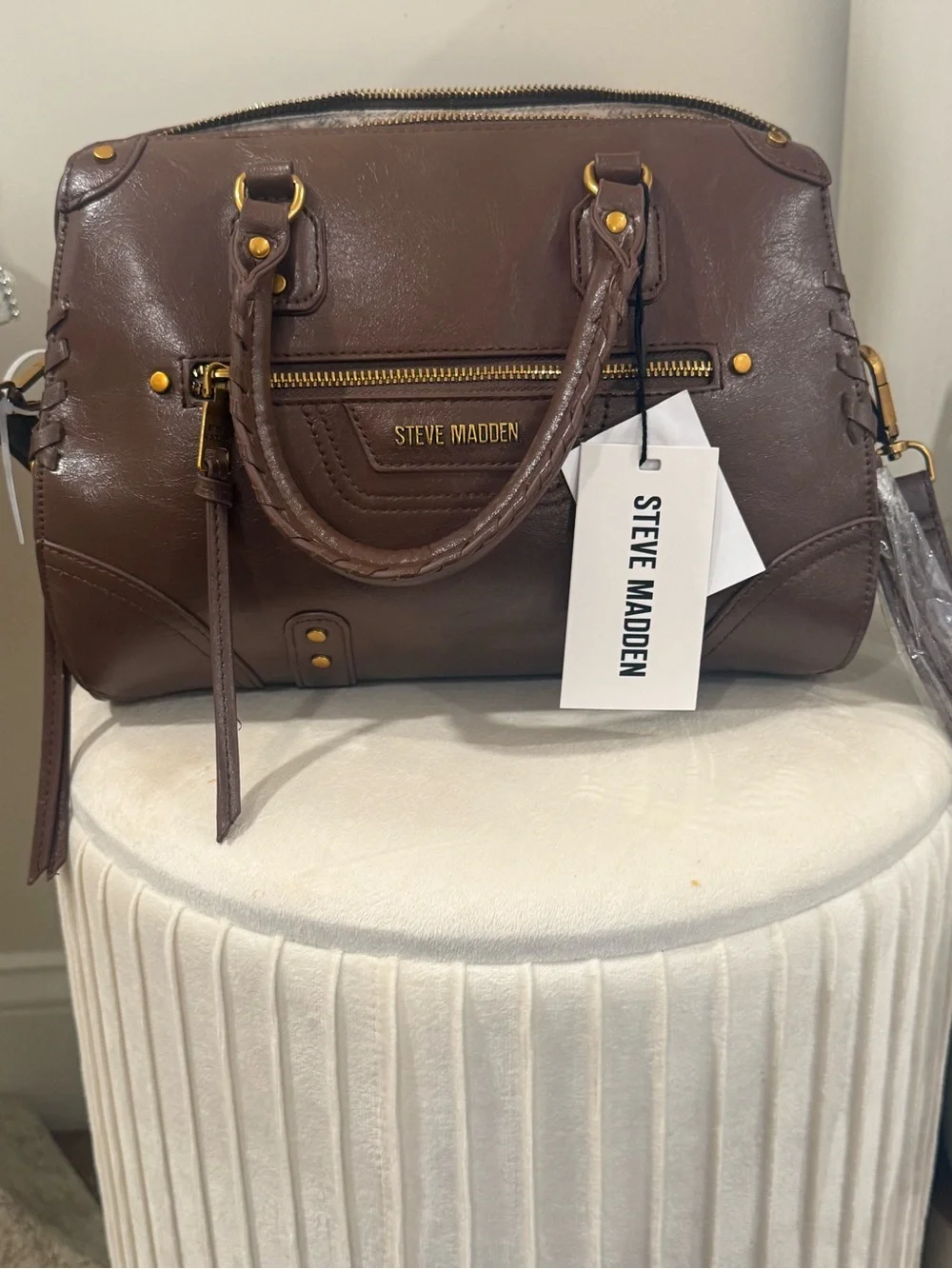 Steve Madden Chocolate Brown Satchel with Gold Hardware